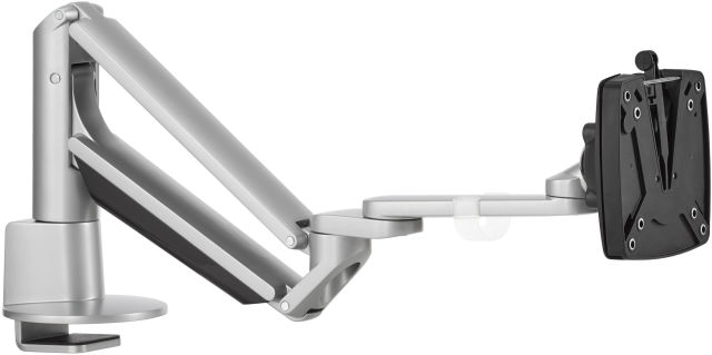 A Novus CLU Plus monitor arm at its lowest viewing level.