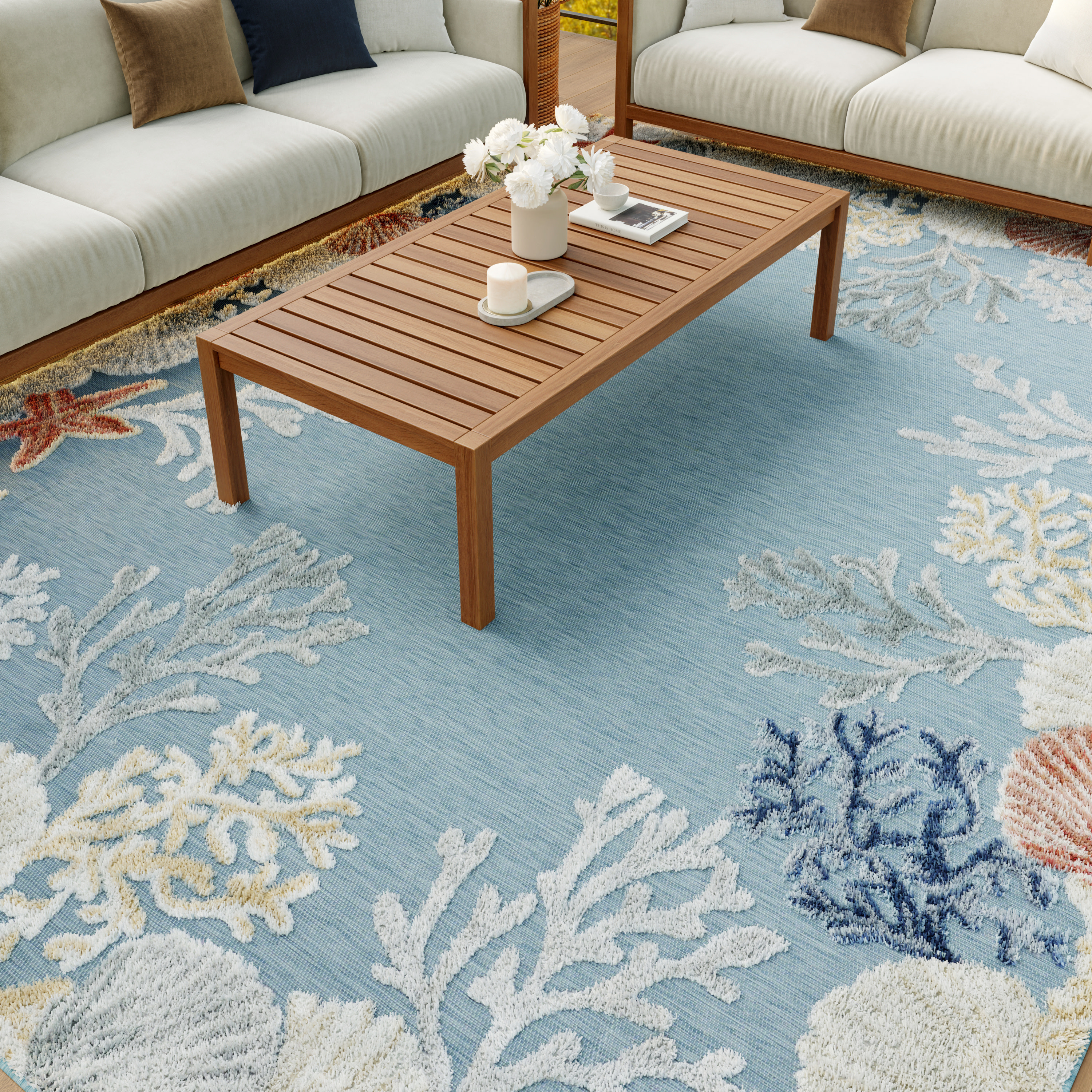 Nourison Suncoast 7'10" x 9'10" Teal Multicolor Coastal, Nautical & Beach Rug