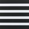 Zebra-style layered roller blind, horizontal alternating opaque white and dark textured black bands covering the window; aligned to form alternating solid and sheer stripes, close-up interior view with even lighting.