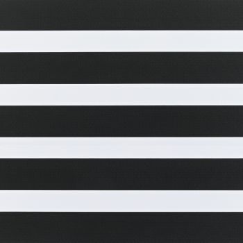 Zebra-style layered roller blind, horizontal alternating opaque white and dark textured black bands covering the window; aligned to form alternating solid and sheer stripes, close-up interior view with even lighting.