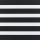 Zebra-style layered roller blind, horizontal alternating opaque white and dark textured black bands covering the window; aligned to form alternating solid and sheer stripes, close-up interior view with even lighting.