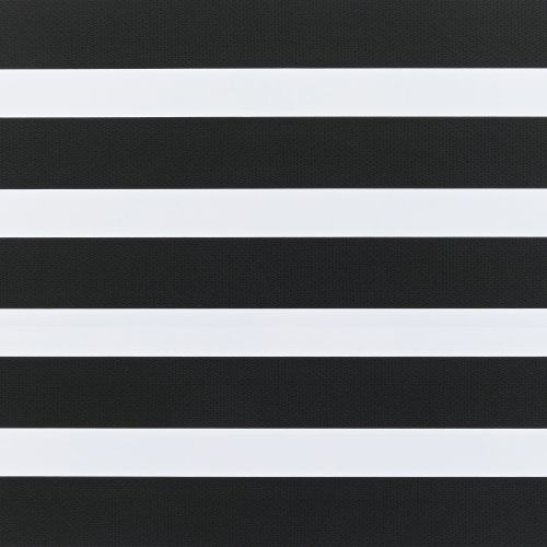 Zebra-style layered roller blind, horizontal alternating opaque white and dark textured black bands covering the window; aligned to form alternating solid and sheer stripes, close-up interior view with even lighting.