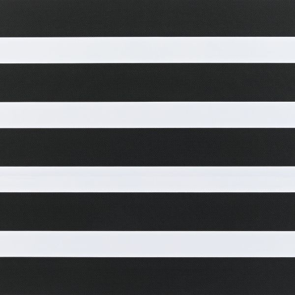Zebra-style layered roller blind, horizontal alternating opaque white and dark textured black bands covering the window; aligned to form alternating solid and sheer stripes, close-up interior view with even lighting.