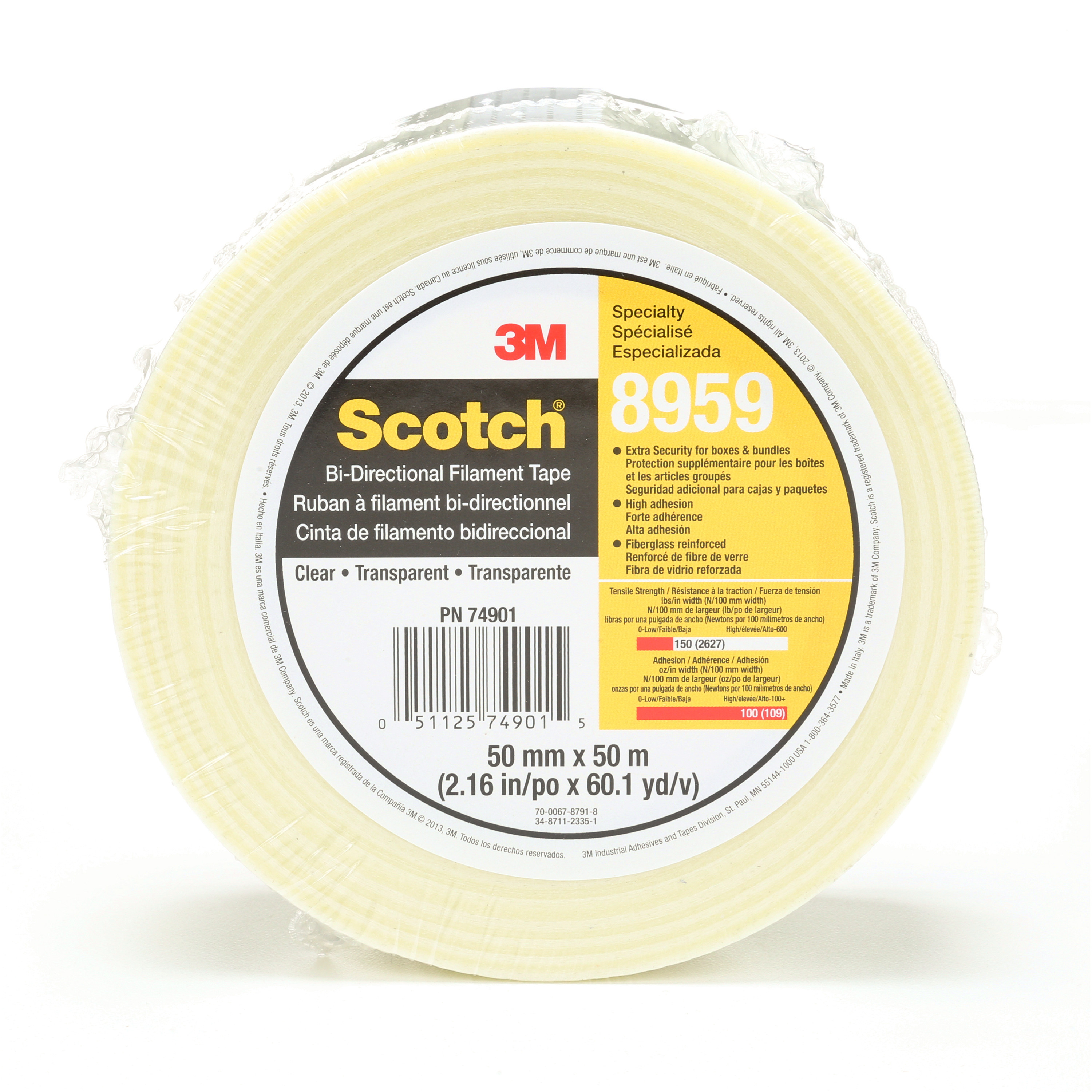 Scotch® Bi-Directional Filament Tape 8959, Clear, 50 mm x 50 m, 5.7 mil,
18 rolls/case, Individually Wrapped Conveniently Packaged