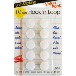 Self-Sticking Hook 'N Loop Dots 5/8", White, 10 Sets