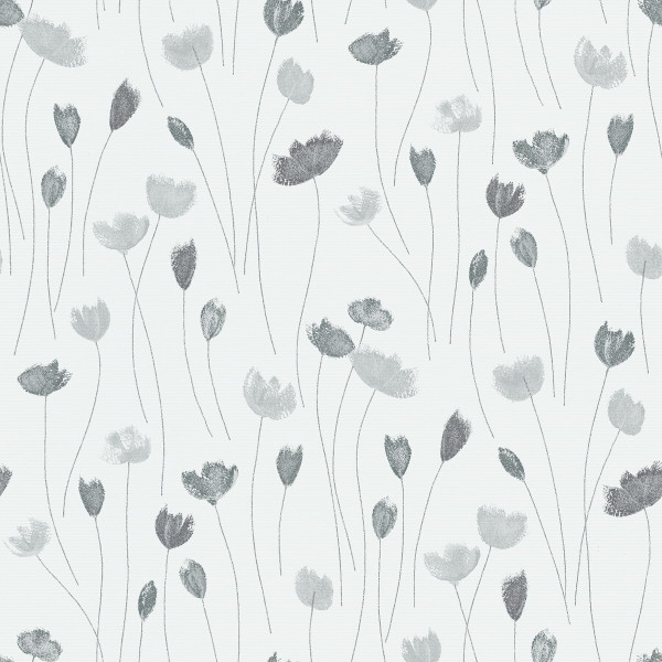 Delicate gray poppy-like flowers rise on thin, curved stems across a pale, textured background, forming a sparse, repeating wallpaper-like pattern.
