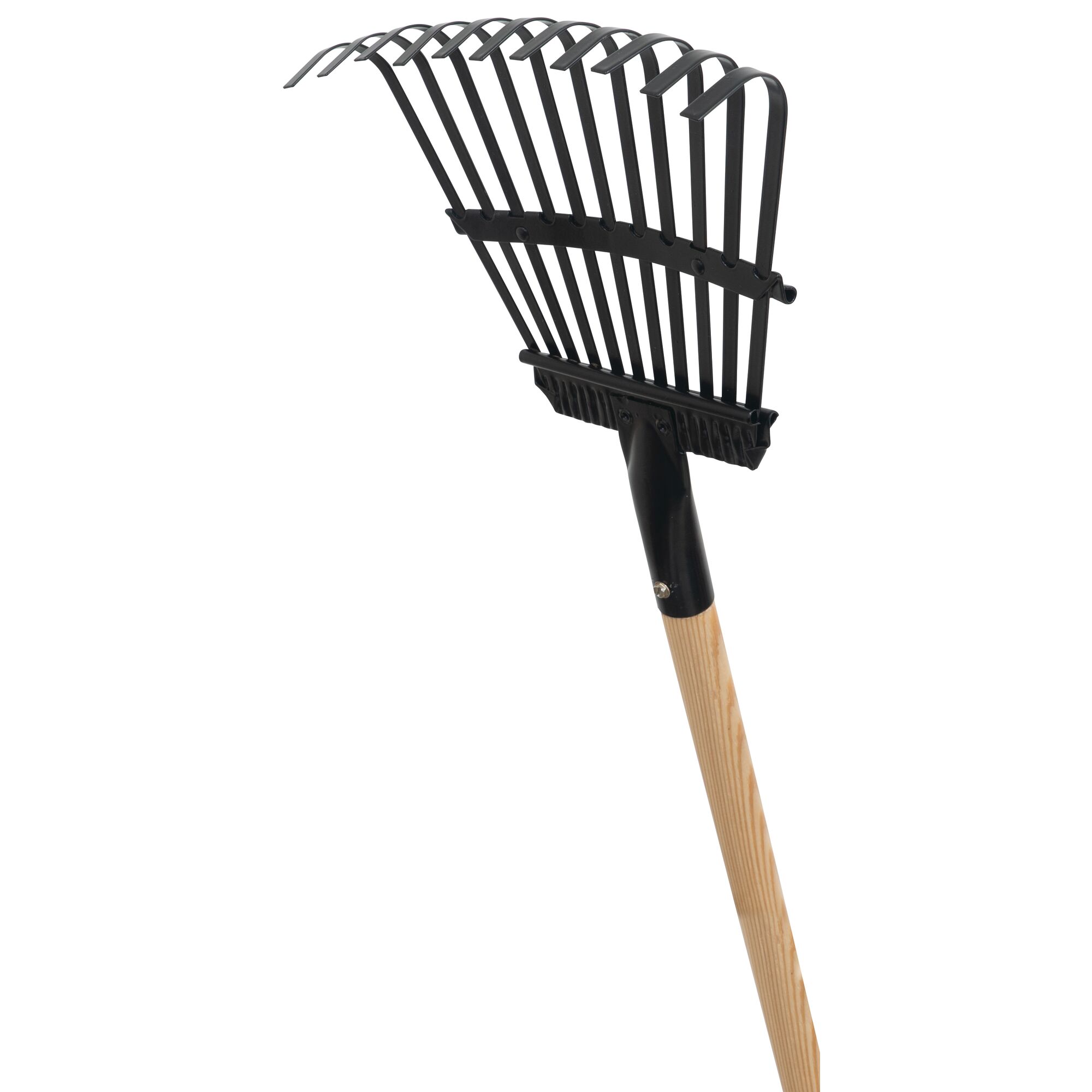 High performance tines feature of a 11 tine wood handle shrub rake.