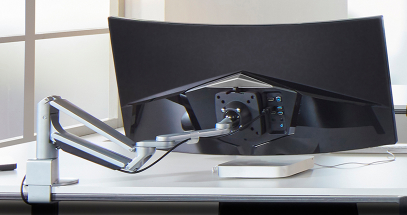 Featuring a heavy-duty gas spring with adjustable counterbalance for effortless vertical movement.