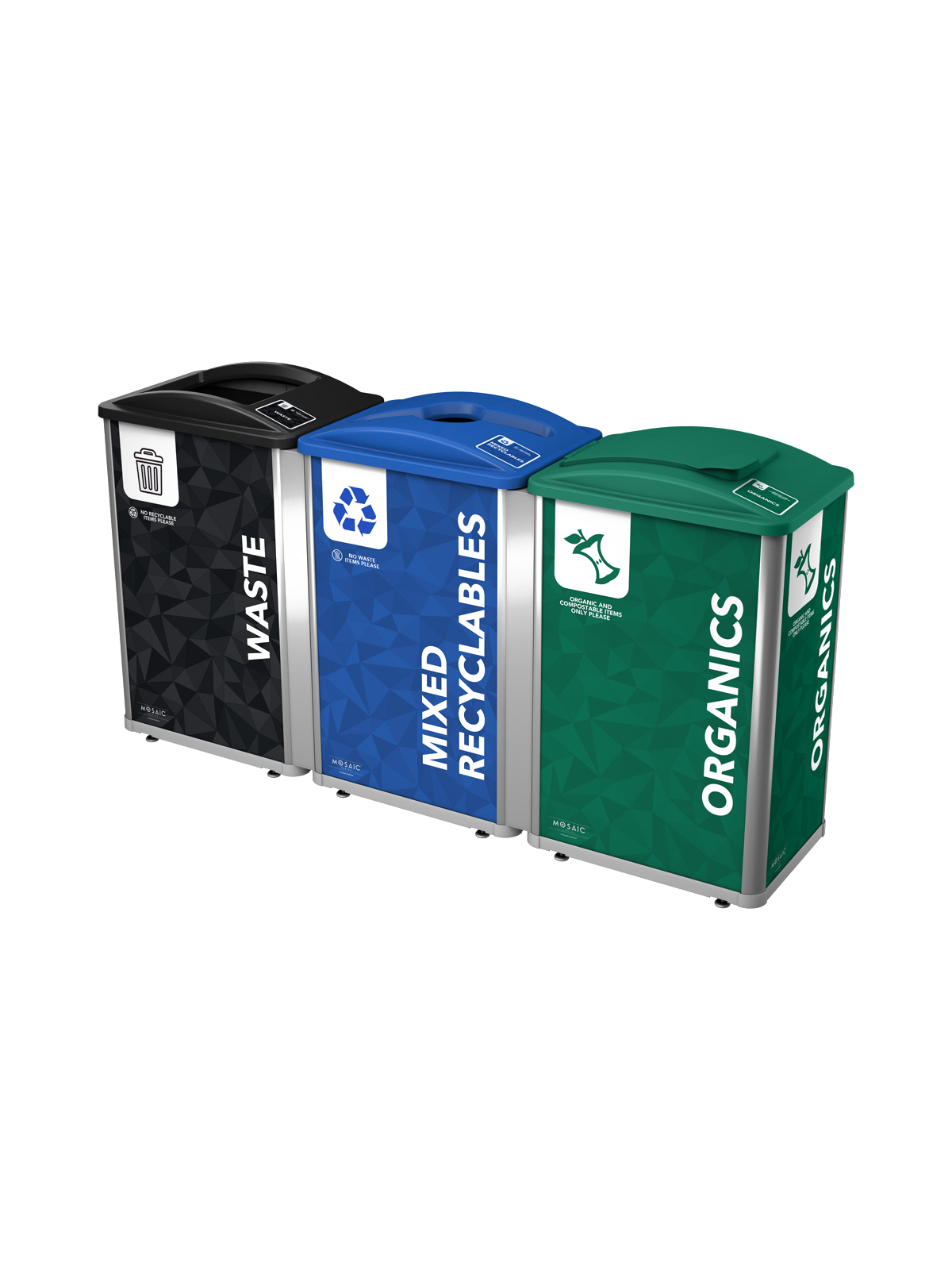 MOSAIC – Triple – Kit – Waste-Recyclables-Organics – Full-Mixed-Solid Lift – Silver-Black-Blue-Green