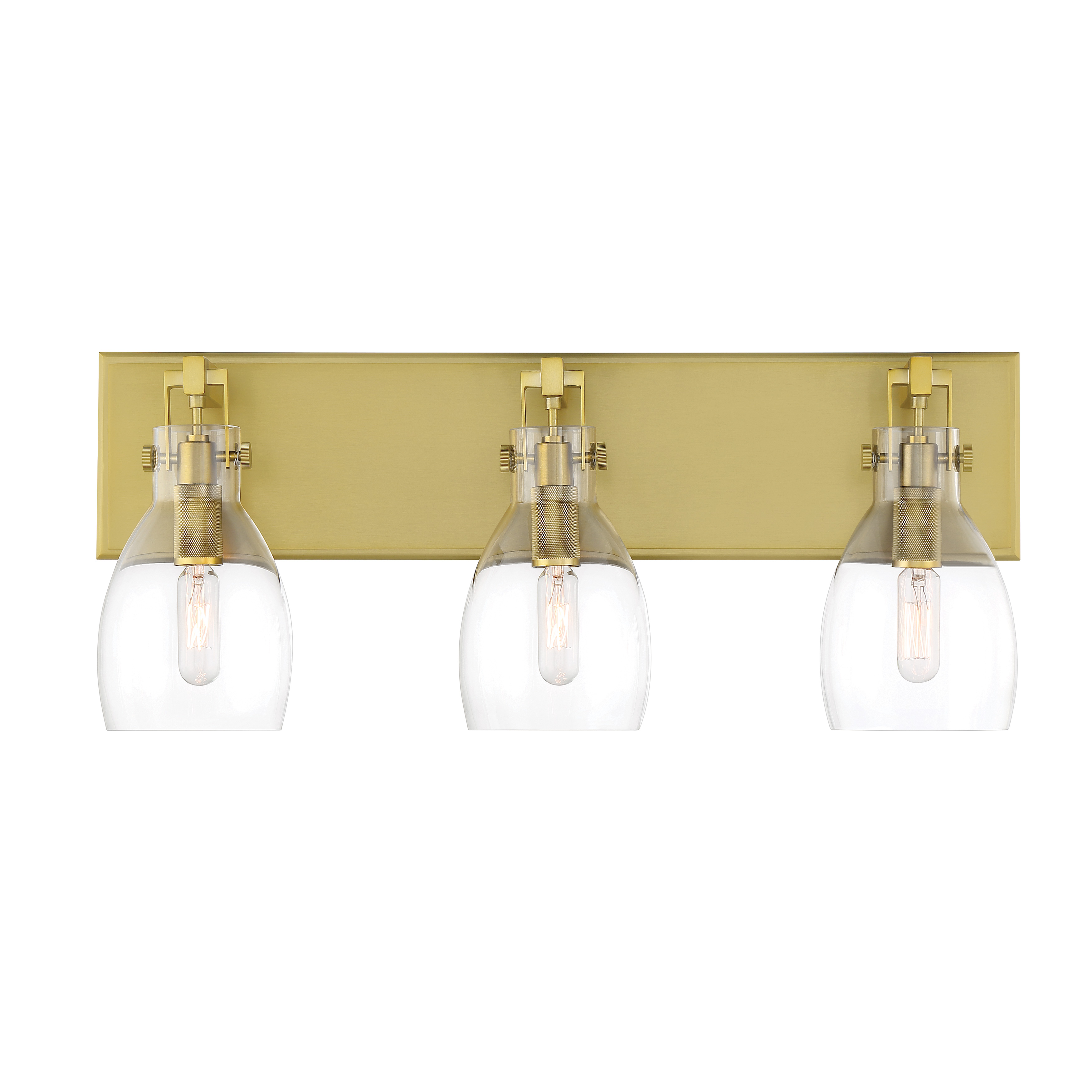 The Tiberia 3-Light Bath Vanity combines warm soft brass finish with clear glass shades for a sophisticated, contemporary look. Perfect for modern bathrooms seeking refined illumination with vintage-inspired charm. - alternate view