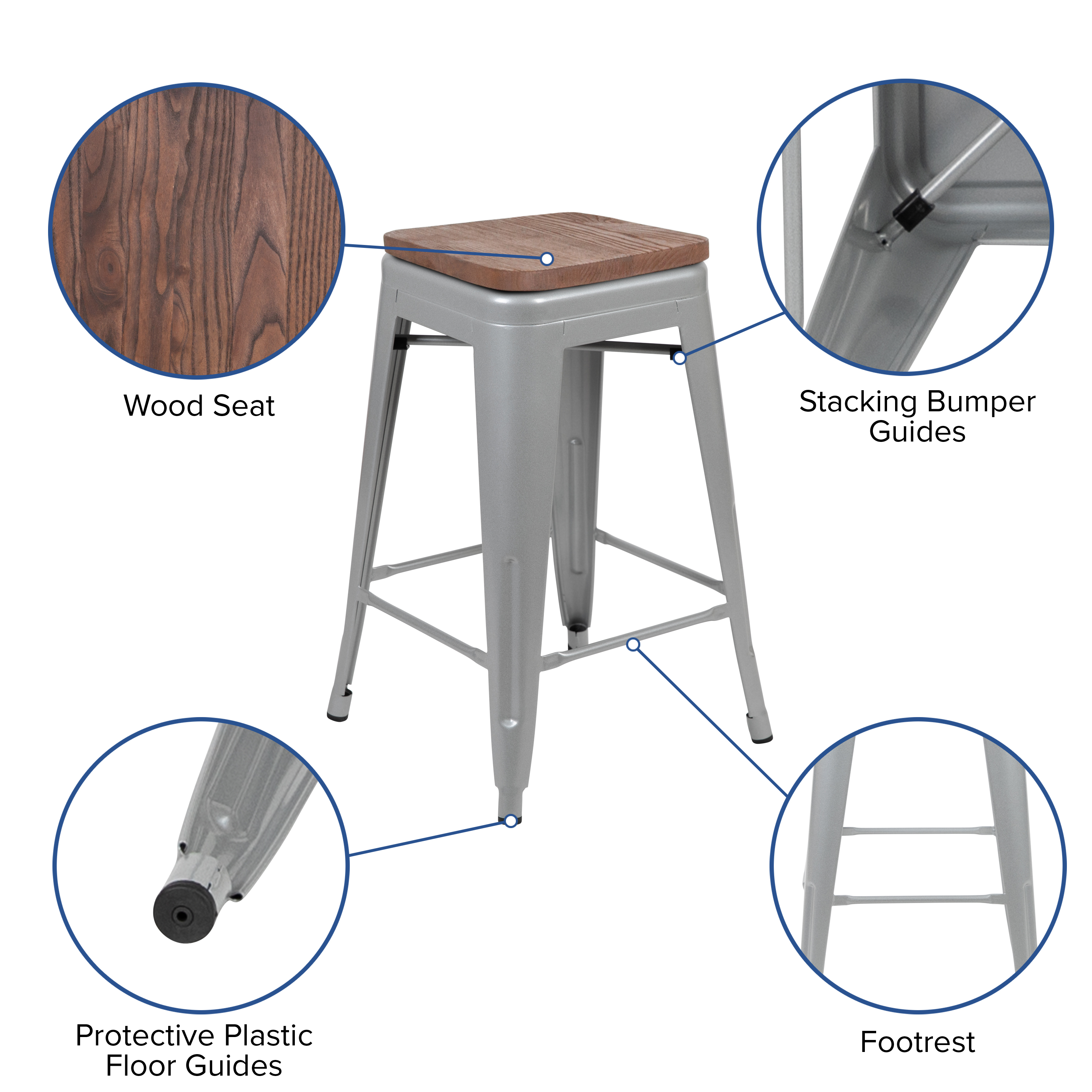 Cierra 24" High Metal Counter-Height, Indoor Bar Stool with Wood Seat in Gun ... - Picture 18 of 49