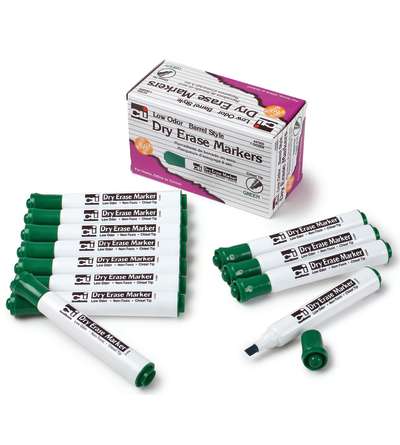Dry Erase Markers, Chisel Tip, Green, Pack of 12