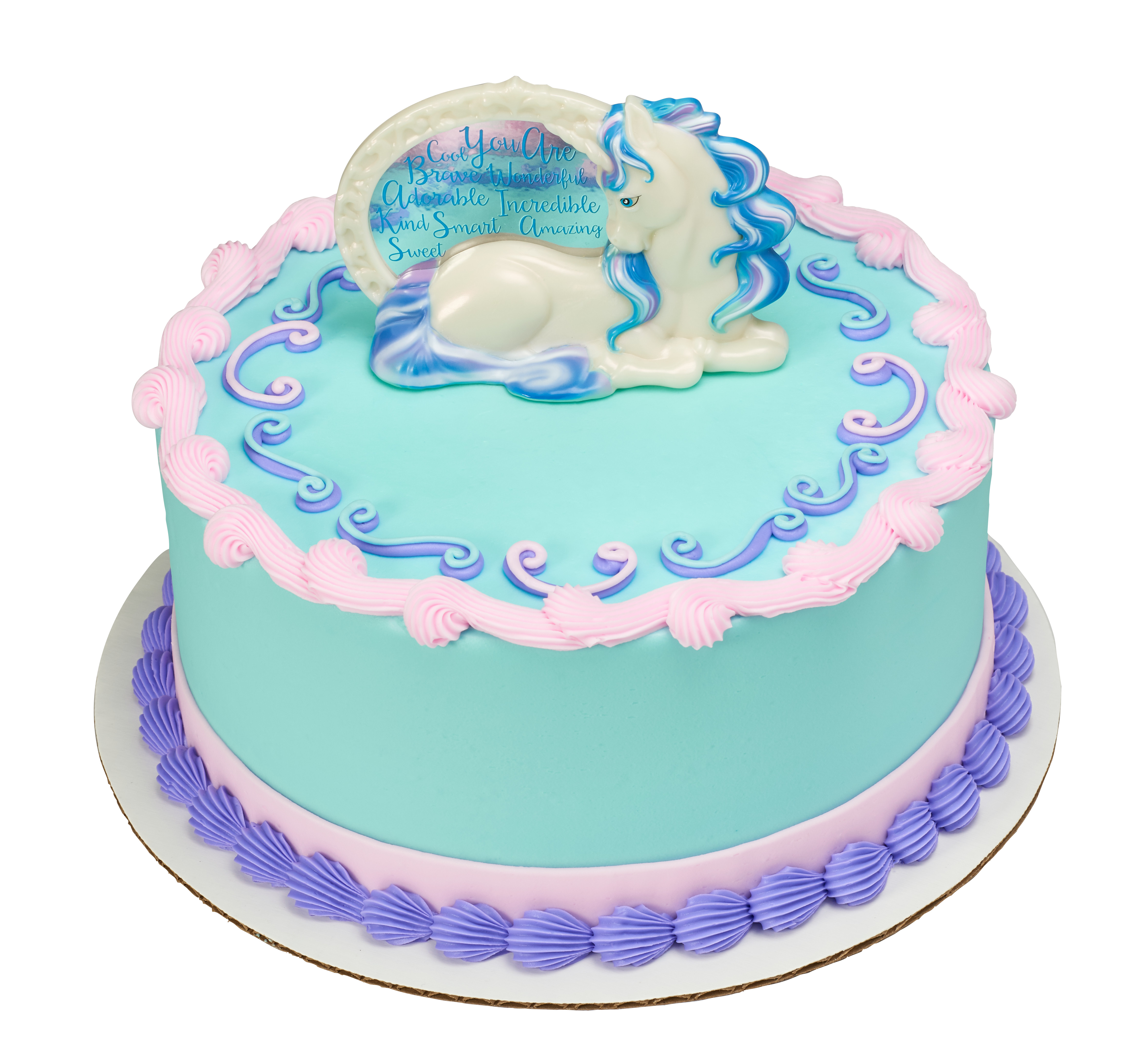 This cake features a molded unicorn that you can use as a figurine. 