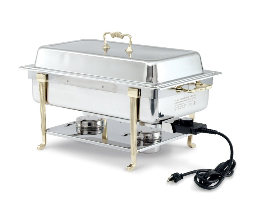 9-quart 120-volt electric chafer with classic brass trim and short-side receptacle