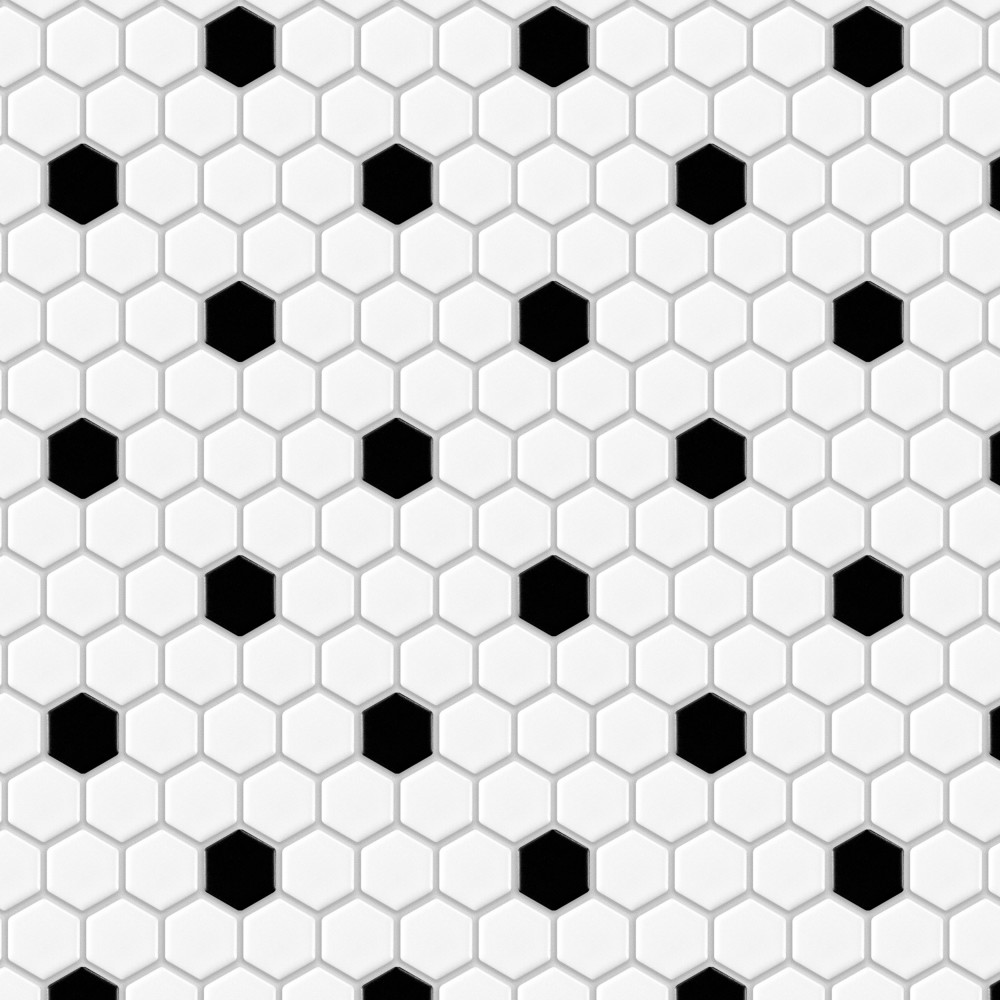 Metro 1″ Hex Matte White w/Black Dot 10-1/4 in. x 11-7/8 in. Porcelain Mosaic Tile
