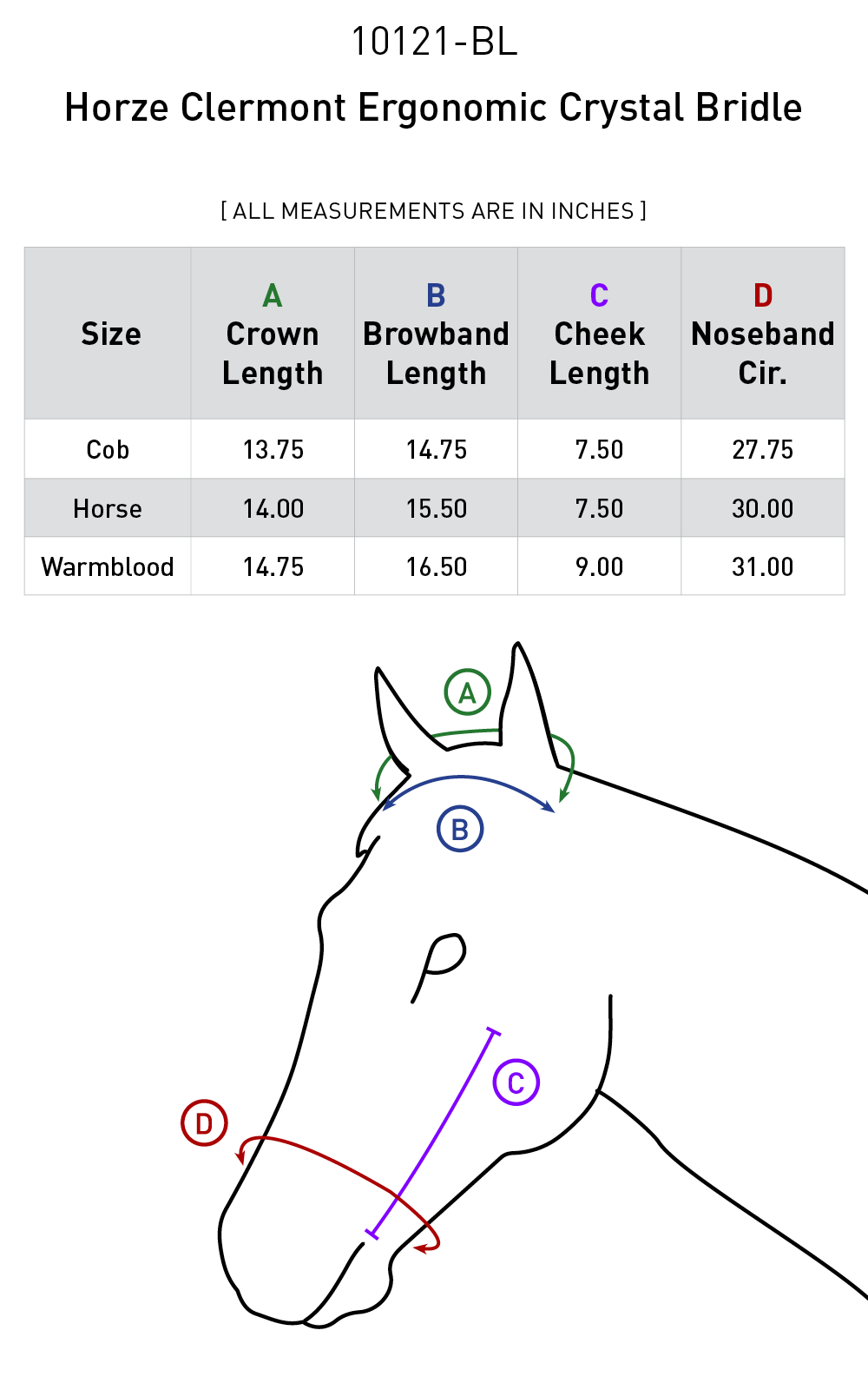 Size chart for Horze Clermont Ergonomic Crystal Bridle - Black