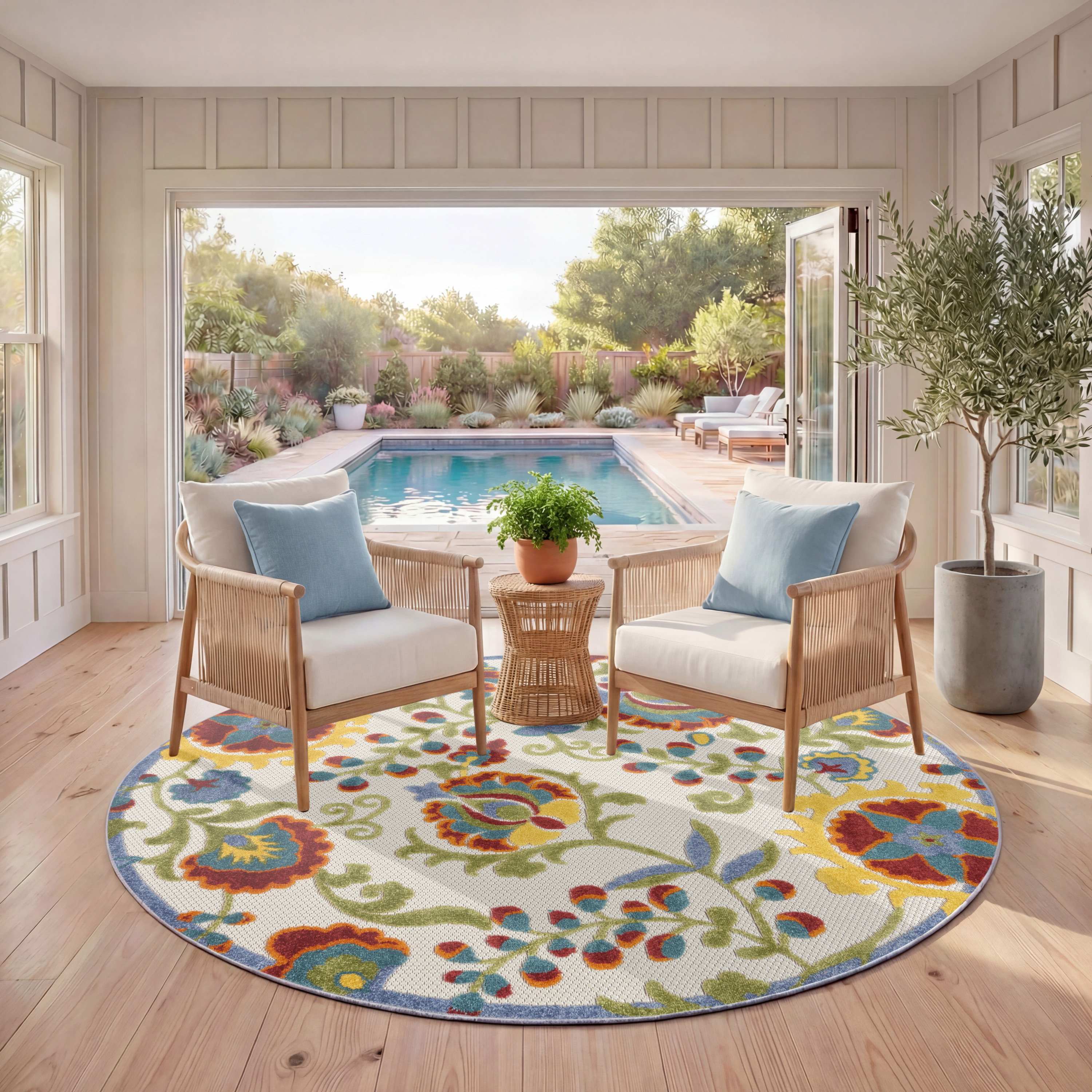 Nourison Aloha 4' x Round Ivory Multicolor Farmhouse Rug