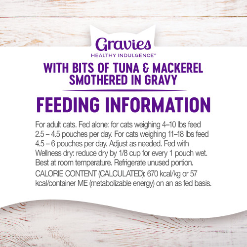 <p>For adult cats. Fed alone: for cats weighing 4–10 lbs feed 2.5 – 4.5 pouches per day. For cats weighing 11–18 lbs feed 4.5 – 6 pouches per day. Adjust as needed. Fed with Wellness dry: reduce dry by 1/8 cup for every 1 pouch wet. Best at room temperature. Refrigerate unused portion.</p>
