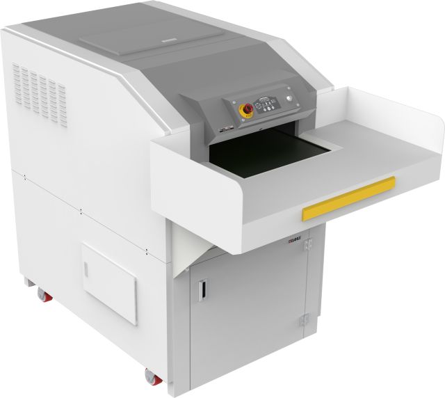 The Dahle PowerTEC® 909 IS Conveyor Shredder destroys stacks of documents, optical media and binders.