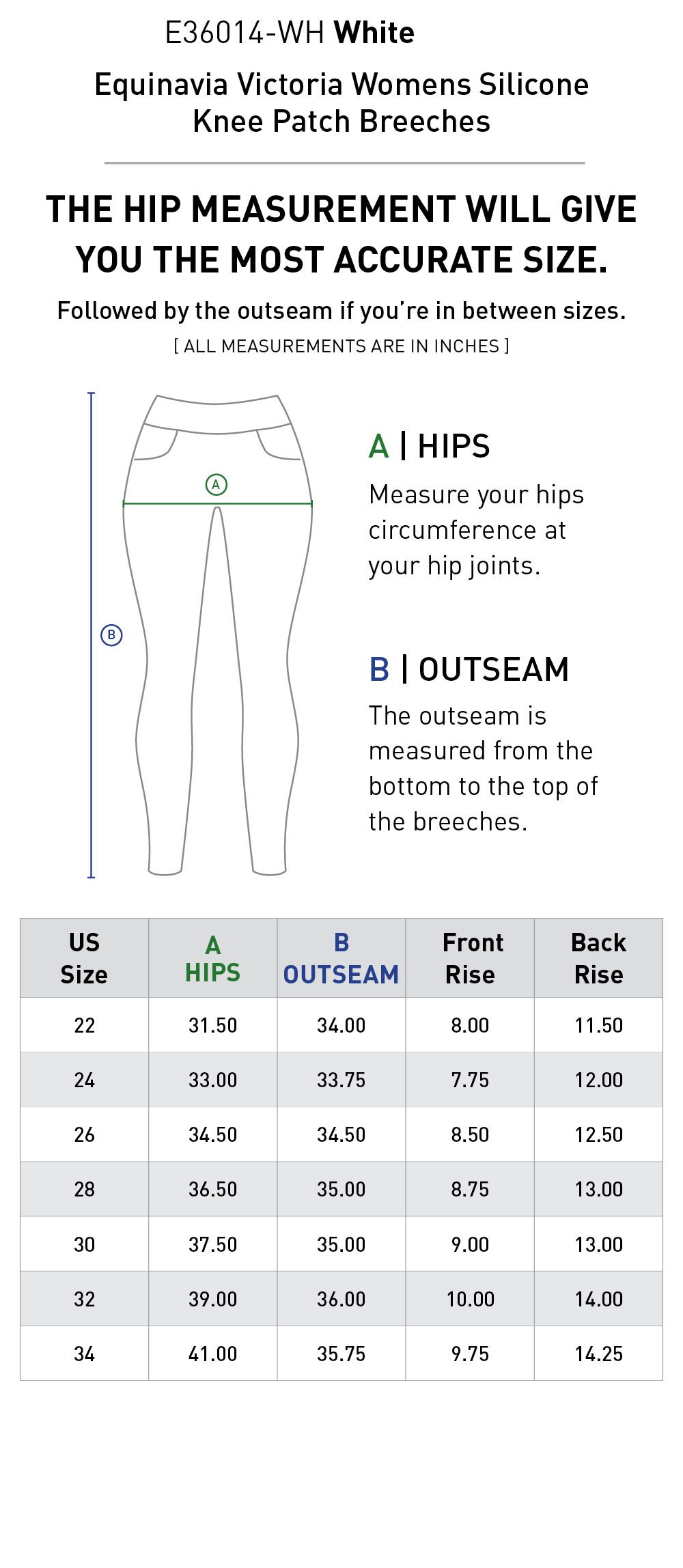 Size chart for Equinavia Victoria Womens Silicone Knee Patch Breeches - White