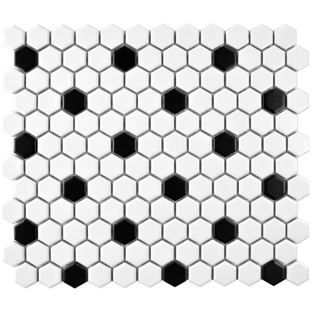 Metro 1″ Hex Matte White w/Black Dot 10-1/4 in. x 11-7/8 in. Porcelain Mosaic Tile