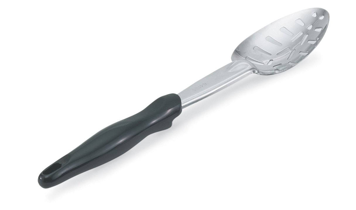 Heavy-duty stainless steel slotted basting spoon with black Ergo Grip™ handle