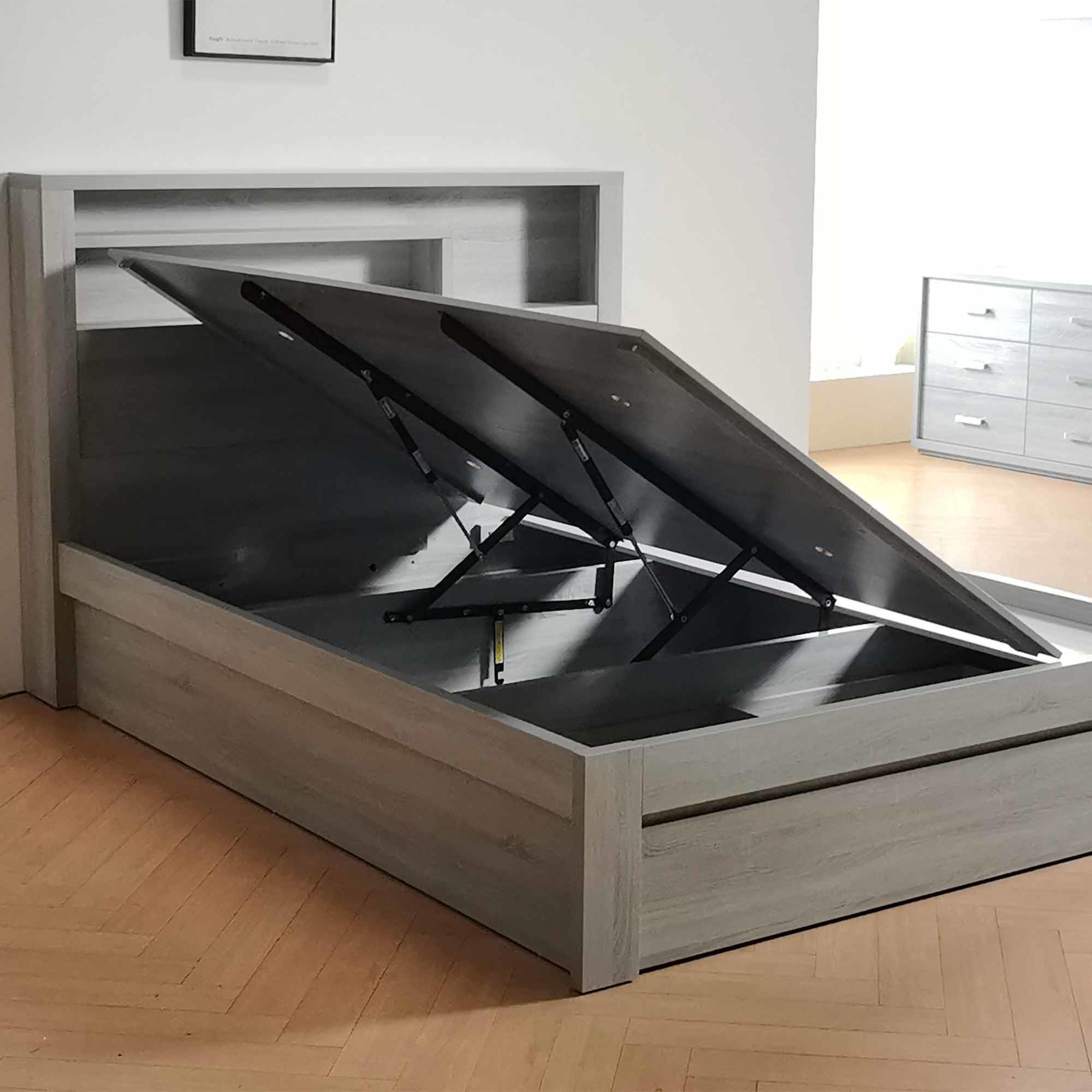Lifestyle image of the  Bellevue Bed Frame, Side Gas Lift & End Drawer Base, Cement Grey from Forty Winks
