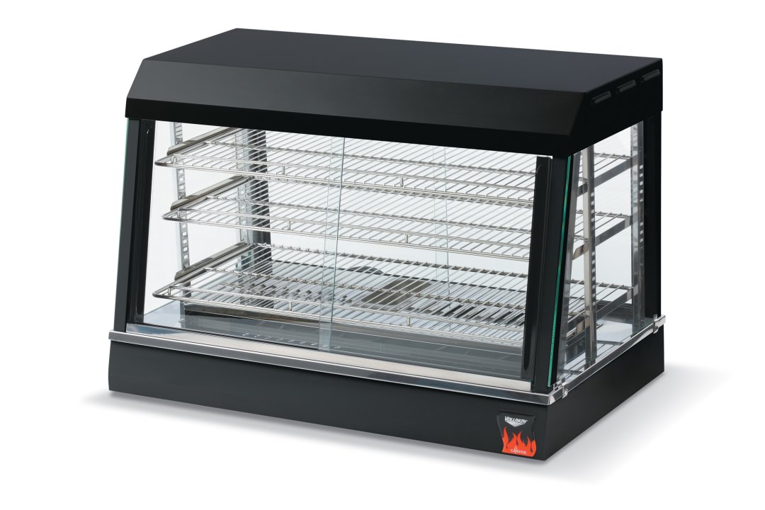 26-inch-wide 120-volt Cayenne® angled-front heated display case with front and rear access in black