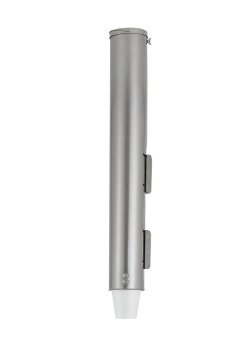 Stainless steel gravity-fed pull-down cup dispenser for 3 ½- to 4 ⅛-inch diameter cups