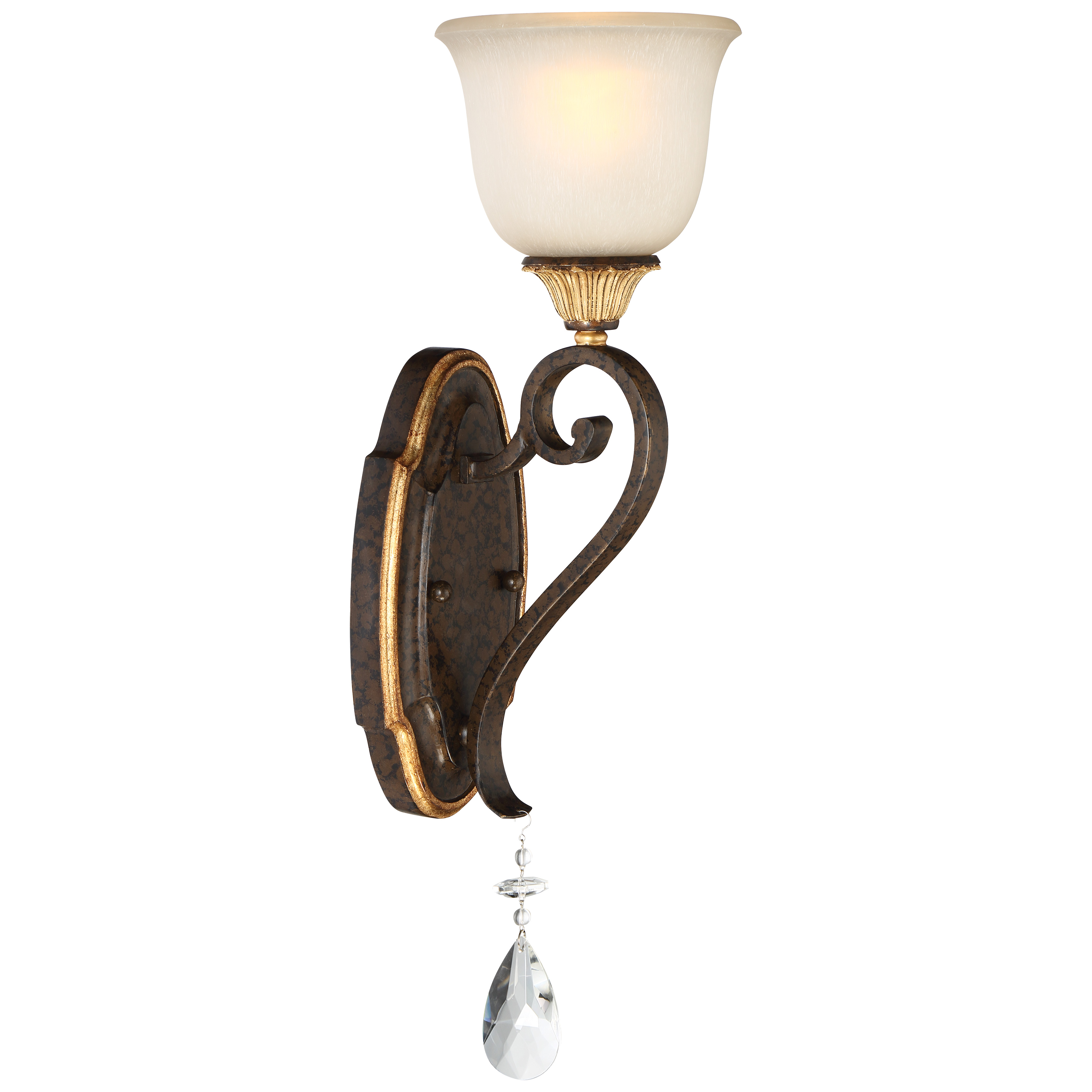 The Chateau Nobles bath light combines old-world elegance with modern functionality. Its raven bronze finish with sunburst gold leaf highlights creates visual depth, while the driftwood glass shade provides warm, diffused illumination. - alternate view