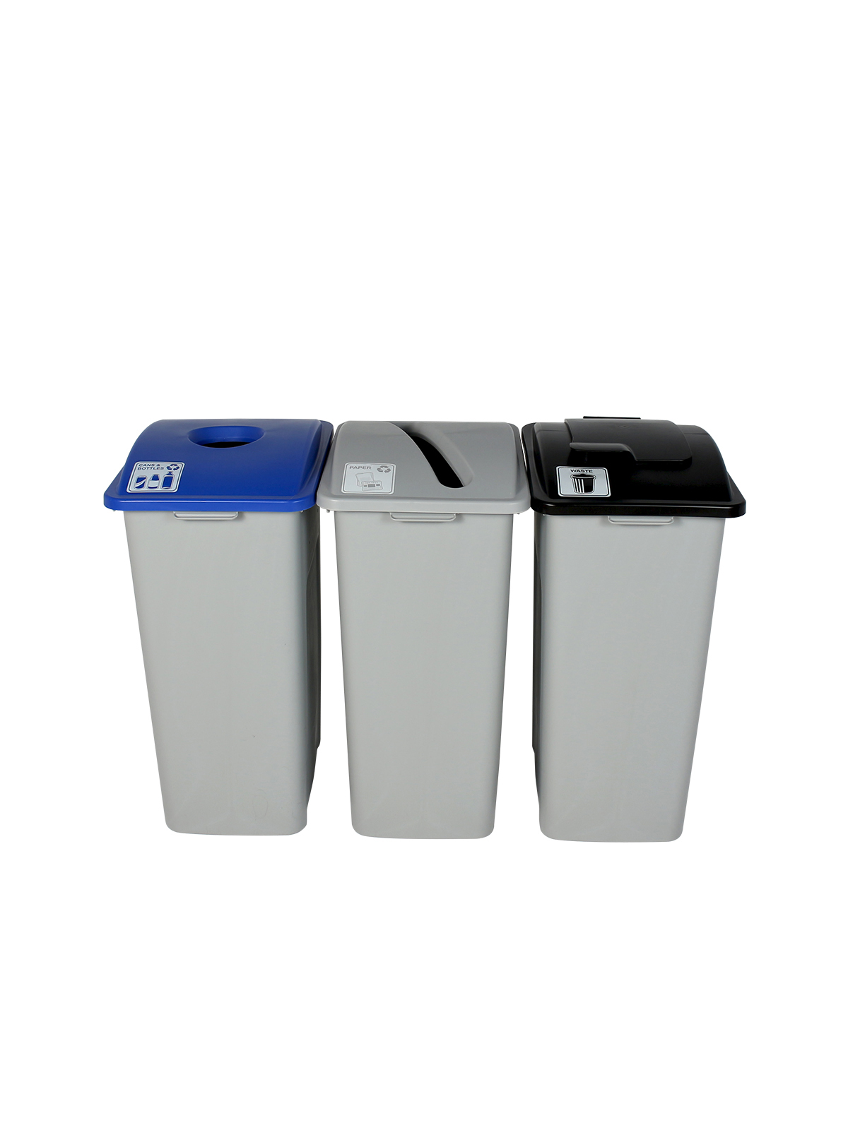 WASTE WATCHER – Triple – Kit – Xl – Cans & Bottles-Paper-Waste – Circle-Slot-Solid Lift – Grey-Blue-Grey-Black