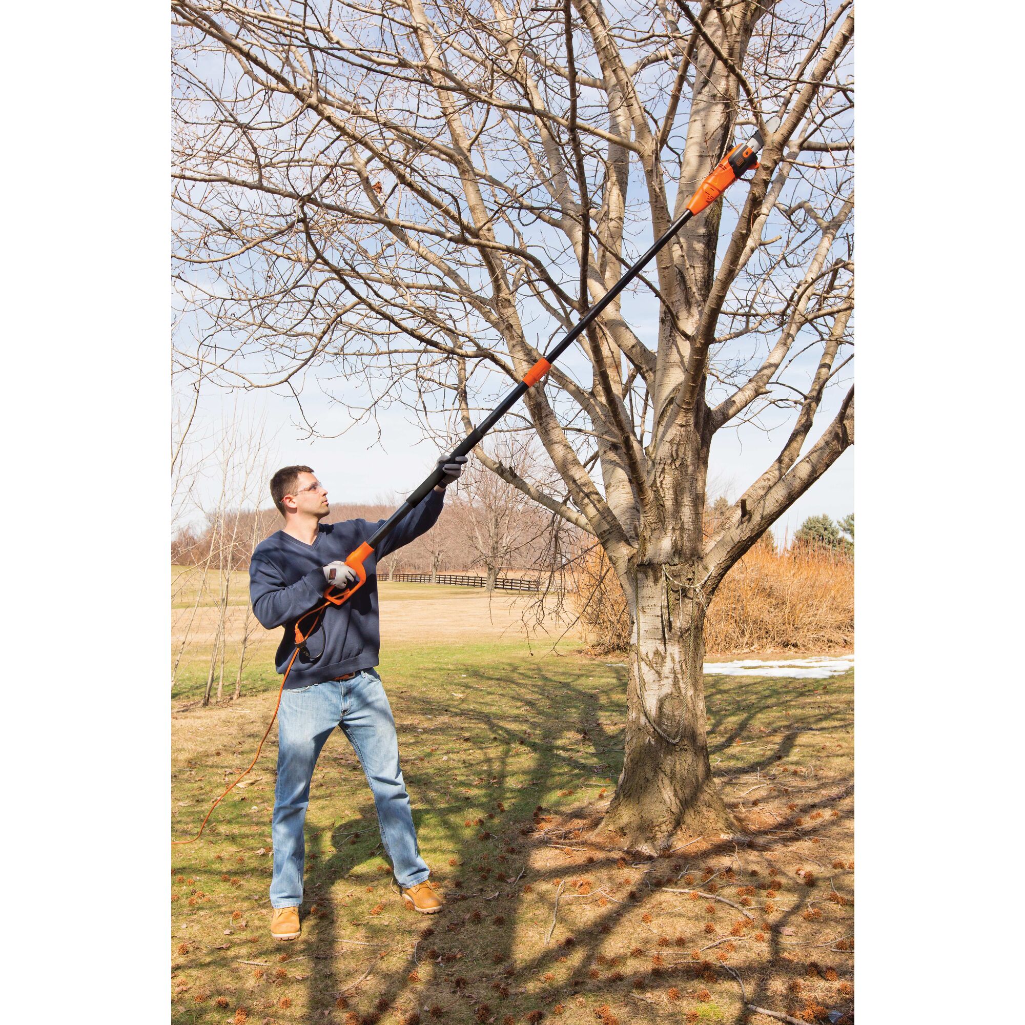 Man using 6.5 Amp 9-1/2 foot Pole Saw with cut branches from a bare tree.