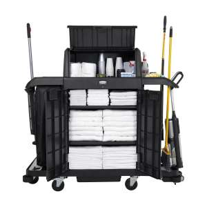 Rubbermaid Commercial, Full Size Housekeeping Cart with Locking Hood and Doors, Black