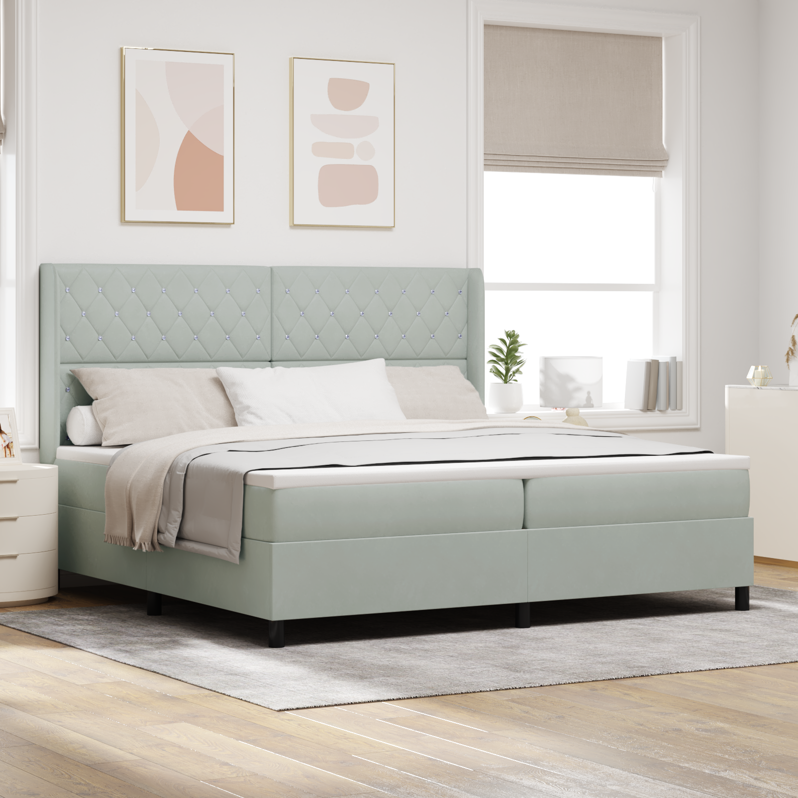 Box Spring Voodi Mattress ja LED Valgusega Helehall 200x200 cm Samet