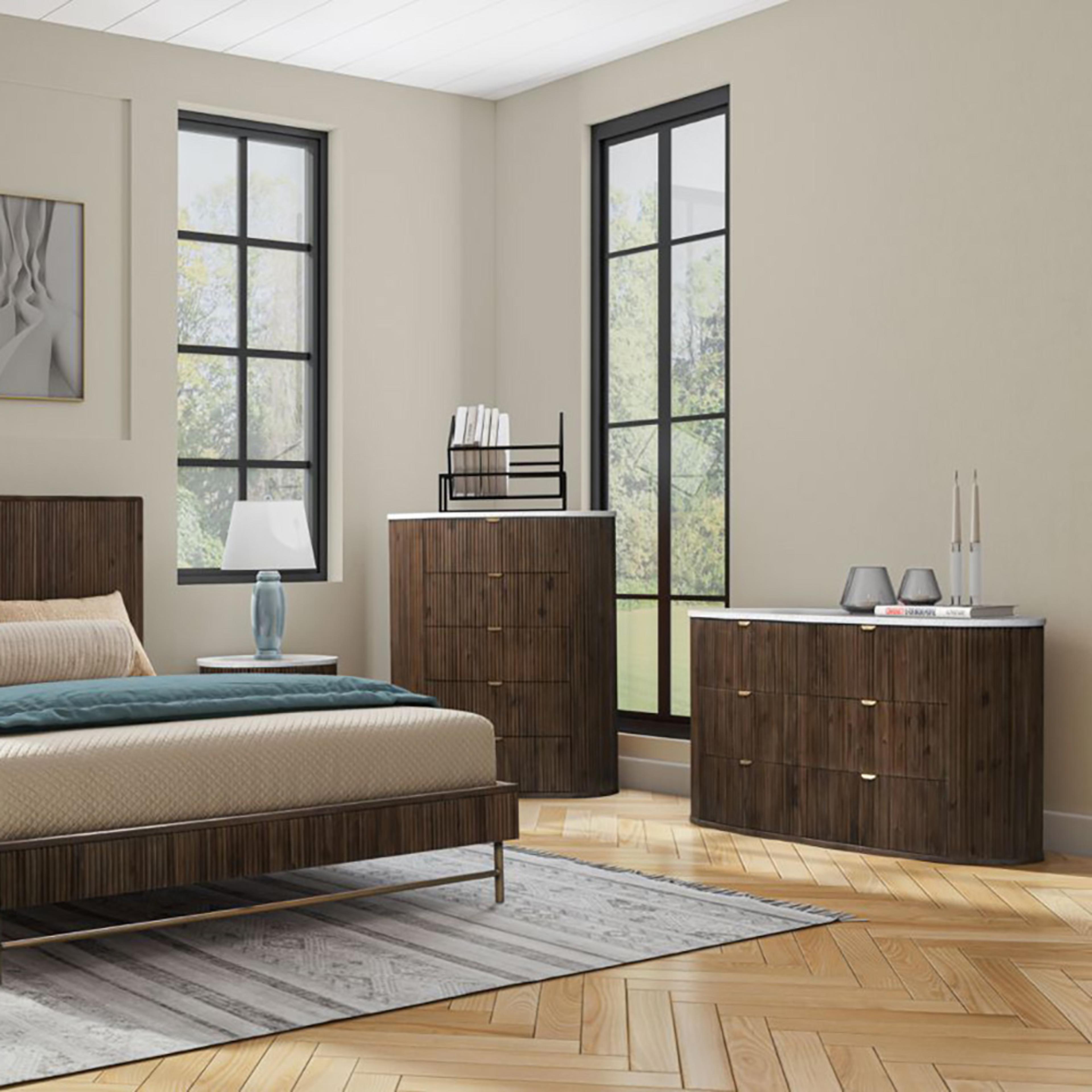 Lifestyle image of the Razzo Tallboy (5 Drawer), Madera Oak from Forty Winks