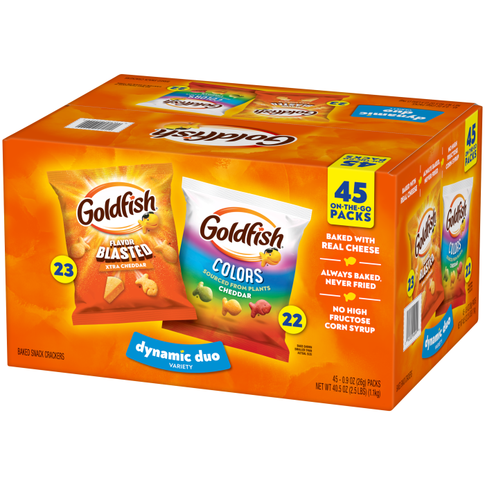 Goldfish® Colors Cheddar and Flavor Blasted Xtra Cheddar Crackers, 45 count box, 40.5 oz, bag - Right Angle Image