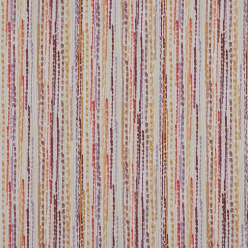 Striped wallpaper features narrow dashed and dotted vertical lines in red, orange, purple and beige on white; close-up view filling frame, evenly lit, textured surface.