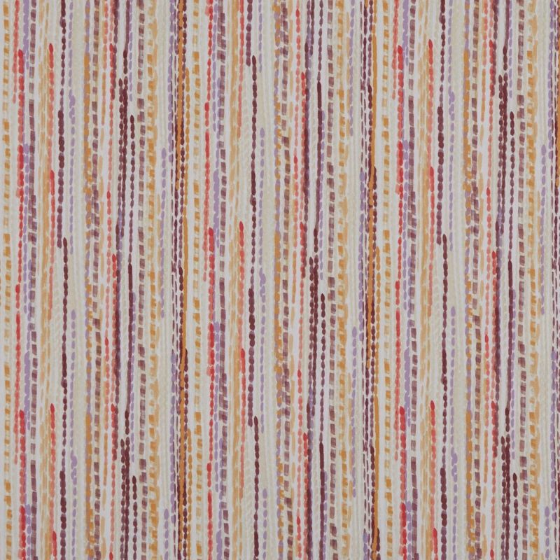 Striped wallpaper features narrow dashed and dotted vertical lines in red, orange, purple and beige on white; close-up view filling frame, evenly lit, textured surface.
