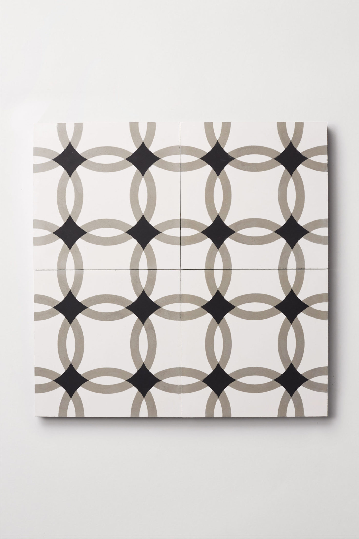 four tiles with black and white overlapping circles on them.