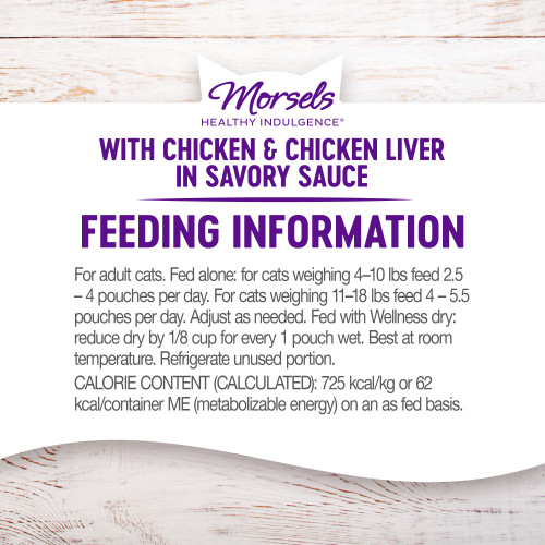 <p>For adult cats. Fed alone: for cats weighing 4–10 lbs feed 2.5 – 4 pouches per day. For cats weighing 11–18 lbs feed 4 – 5.5 pouches per day. Adjust as needed. Fed with Wellness dry: reduce dry by 1/8 cup for every 1 pouch wet. Best at room temperature. Refrigerate unused portion.</p>
