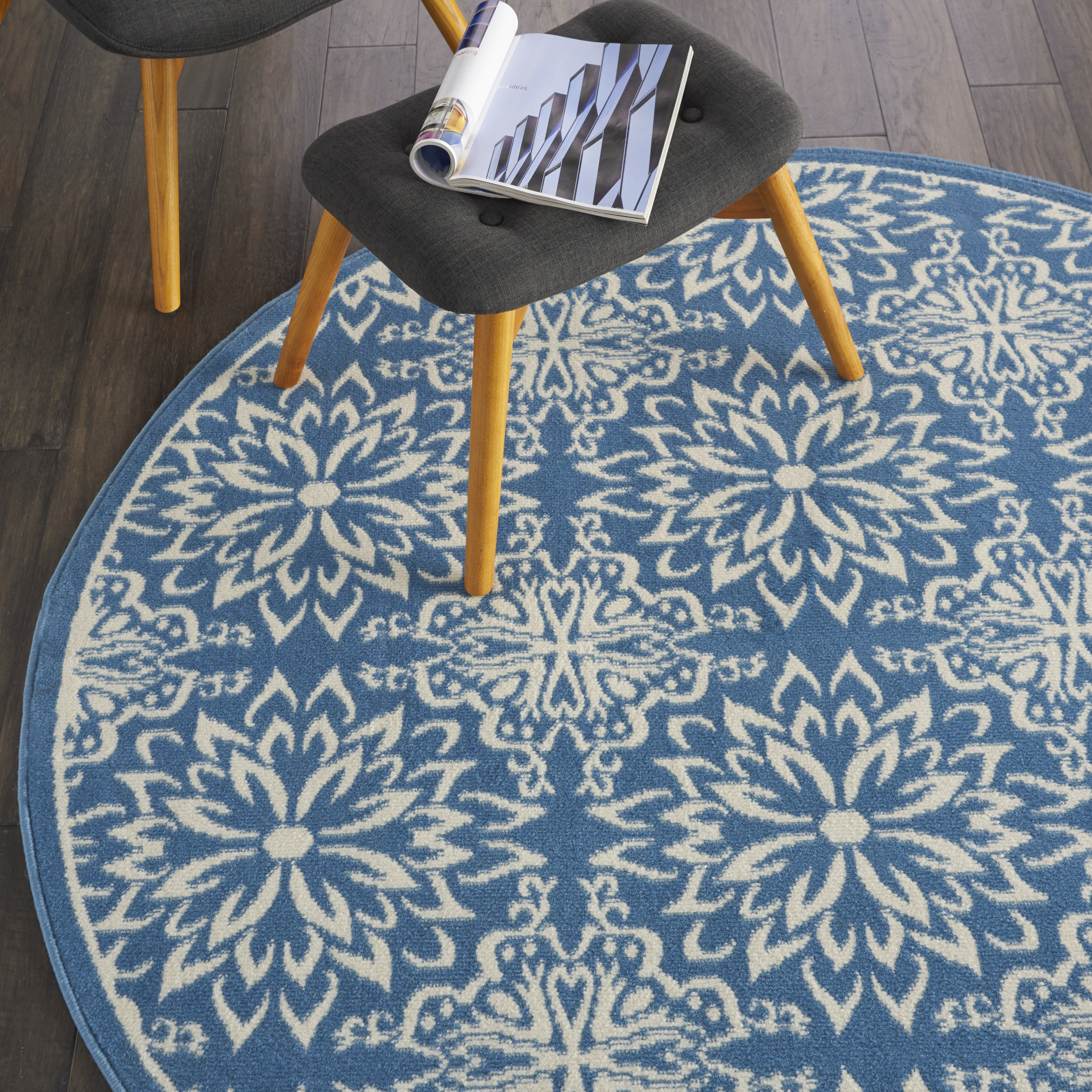 Nourison Jubilant 5'3" x Round Ivory Blue Farmhouse Indoor Rug