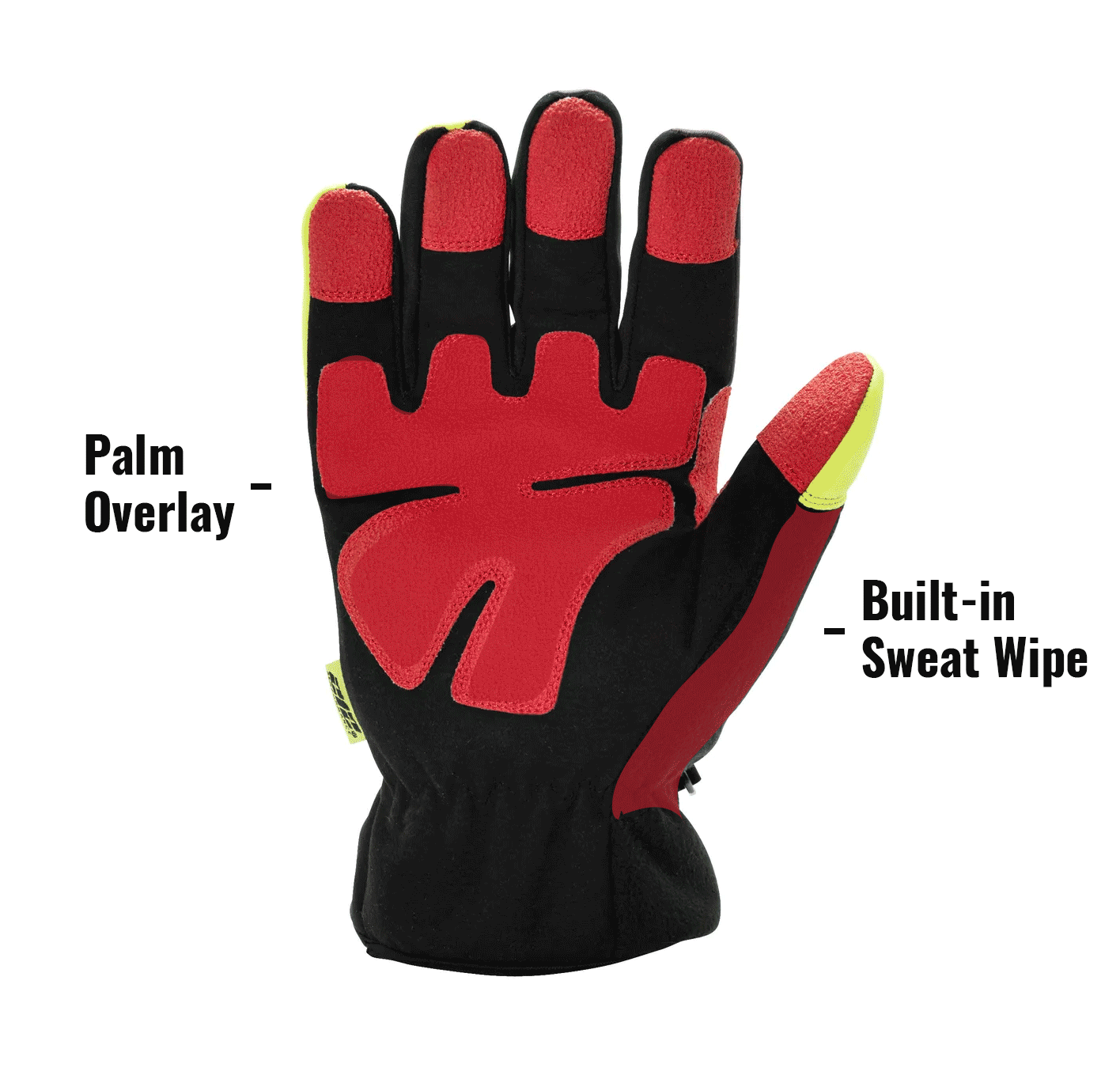 Waterproof Fleece Lined Cut Resistant Tundra Winter Work Gloves in Gray, Red, Black and Yellow TUNFWC5 showing Palm Overlay with Cut Resistant Lining and Built-in Sweat Wipe