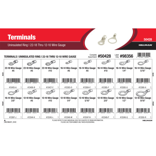 Uninsulated Ring Terminals Assortment (22-18 thru 12-10 Wire Gauge)