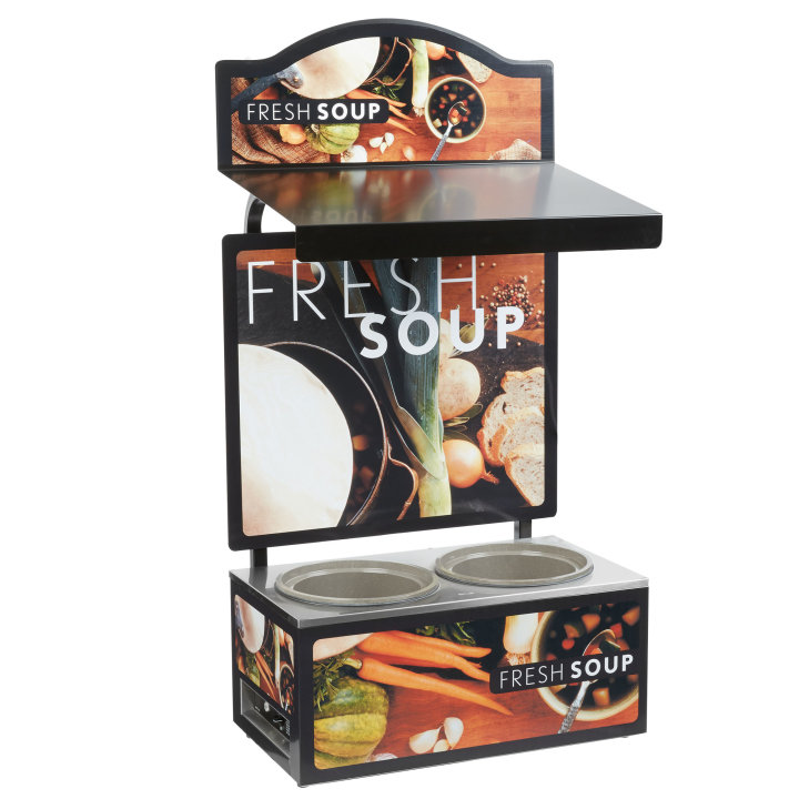 Vollrath 7203202 - Cayenne® Twin Well Soup Merchandiser with Menu Board, (2) 7-1/4 quart insets, 24-9/16