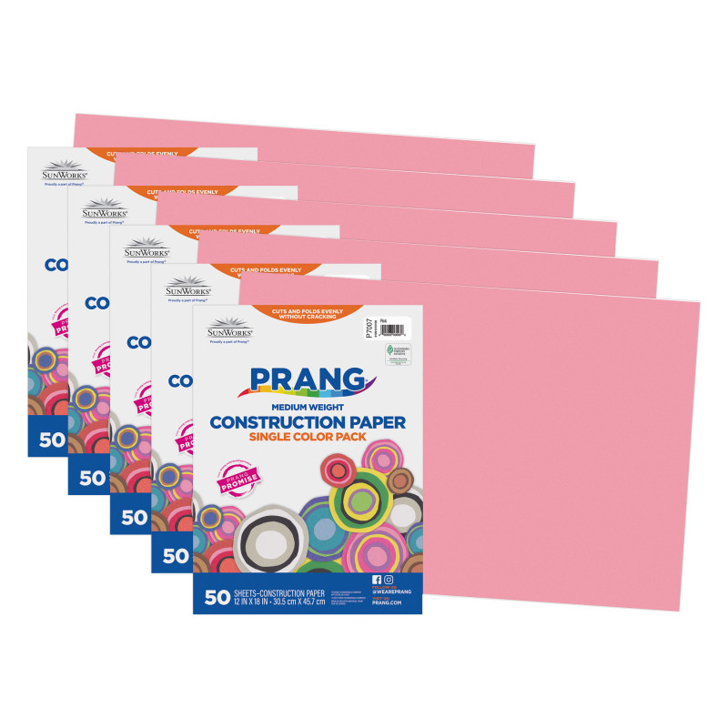 Construction Paper, Medium Weight, Pink, 12" x 18", 50 Sheets Per Pack, 5 Packs