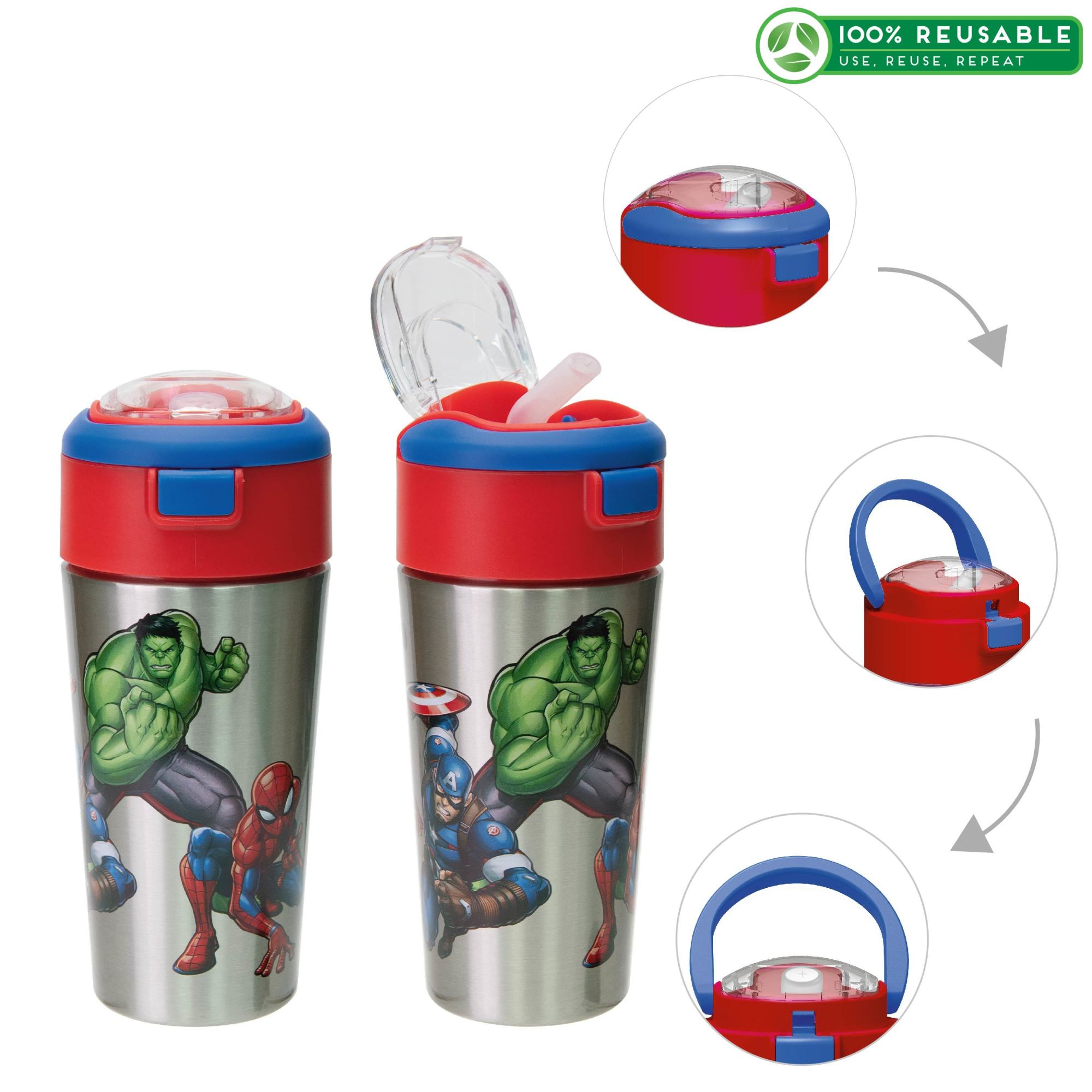 Marvel Comics 12 ounce Vacuum Insulated Reusable Stainless Steel Water Bottle, Spider-Man, Ironman & The Hulk slideshow image 1