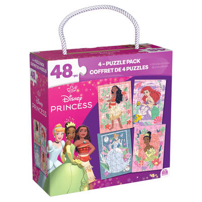 Disney Princess, 4-Pack 48-Piece Jigsaw Puzzles in Storage Box with Rope Handle, Moana, Ariel Little Mermaid, Cinderella, Tiana, Disney Princess Toys for Kids Ages 4 and up
