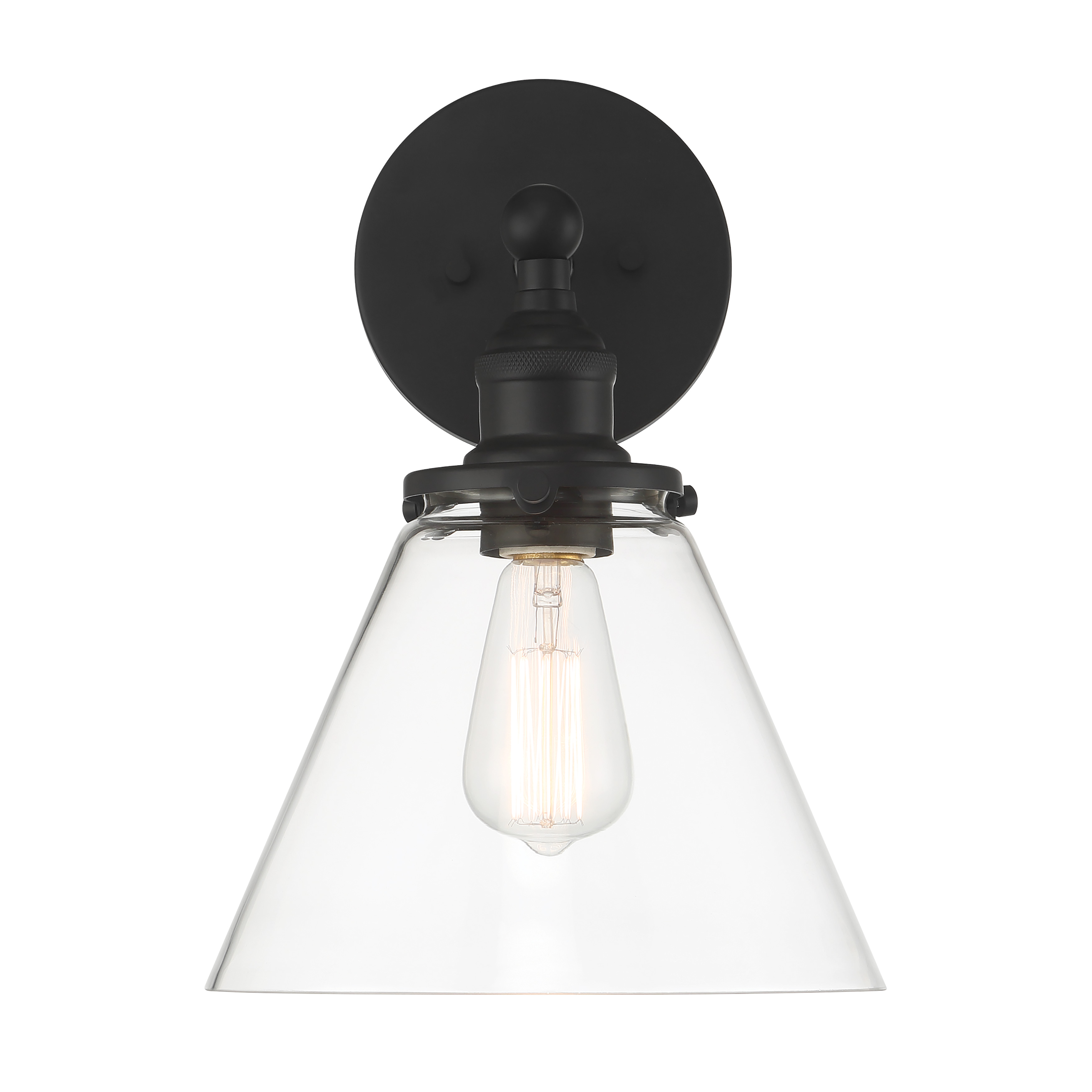 The Barwell wall sconce combines timeless traditional design with industrial materials. Its coal black finish and clear glass shade create a versatile fixture suitable for various interior spaces. - alternate view