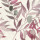 Slender branches with elongated leaves and round seed pods arch and overlap across a cream background with soft watercolor washes in mauve, rose, and gray.