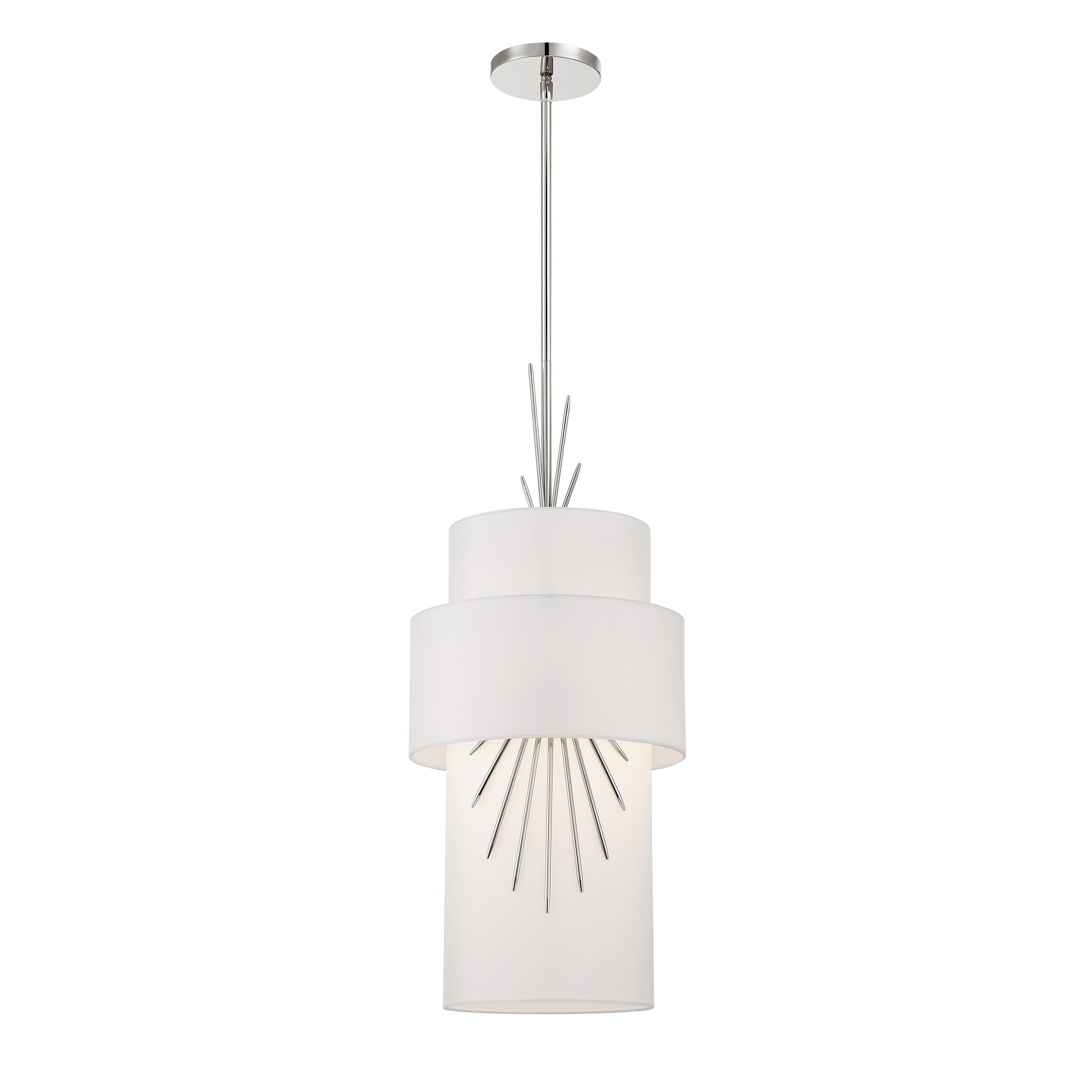 The Gramercy mini pendant by Robin Baron combines sophisticated simplicity with refined materials. Its polished nickel finish and white silk shade create a clean, elegant look perfect for modern and transitional spaces. - alternate view